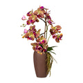 Phalaenopsisarrangement x4, ca 70cm, gruen-lila, in brauner Keramikvase 27x15x10cm, Real Touch