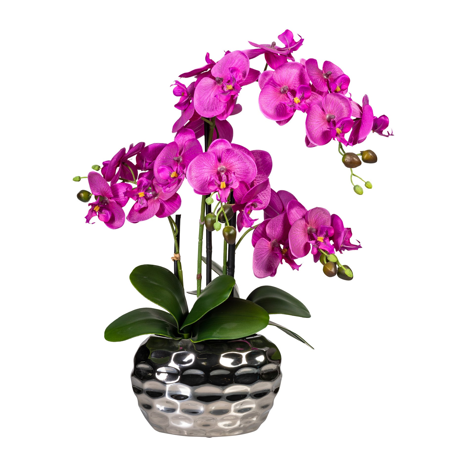 Phalaenopsis x4, ca 55cm violett, in Ovalvase, silber 20x11x13cm