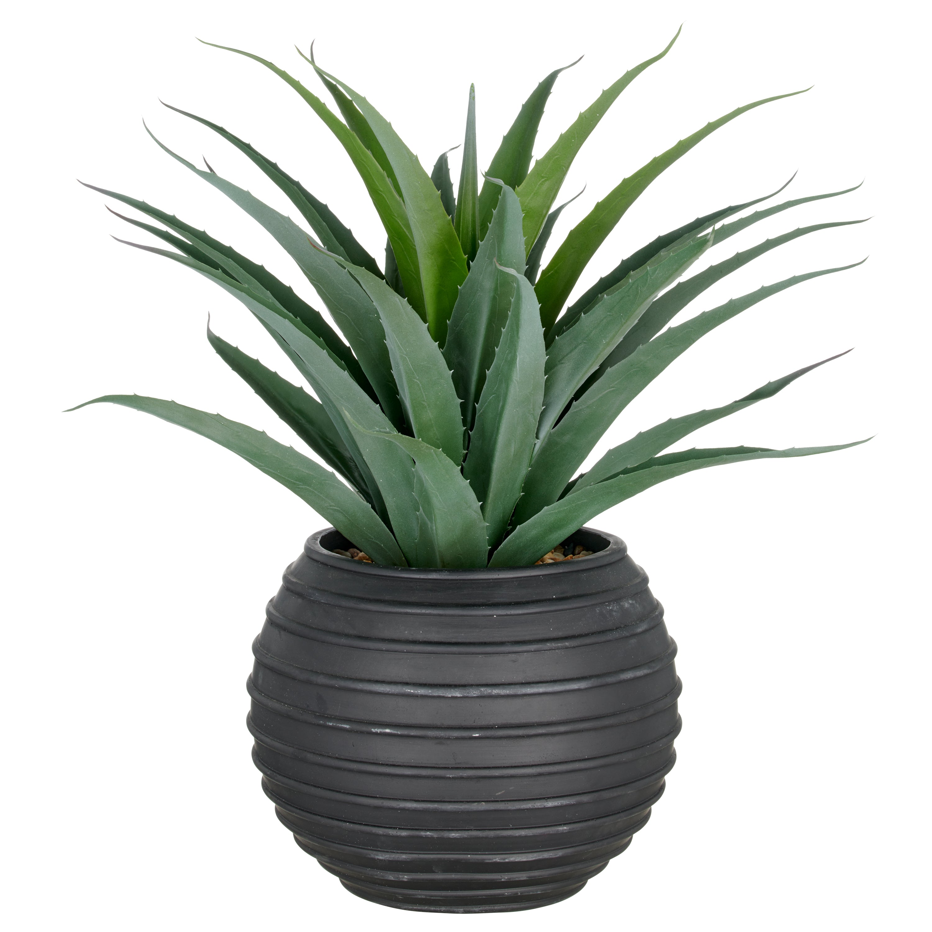 Agave, 75cm, gruen, im schwarzen Fiberclay-Topf 33x26cm mit Kies, UV-bestaendig