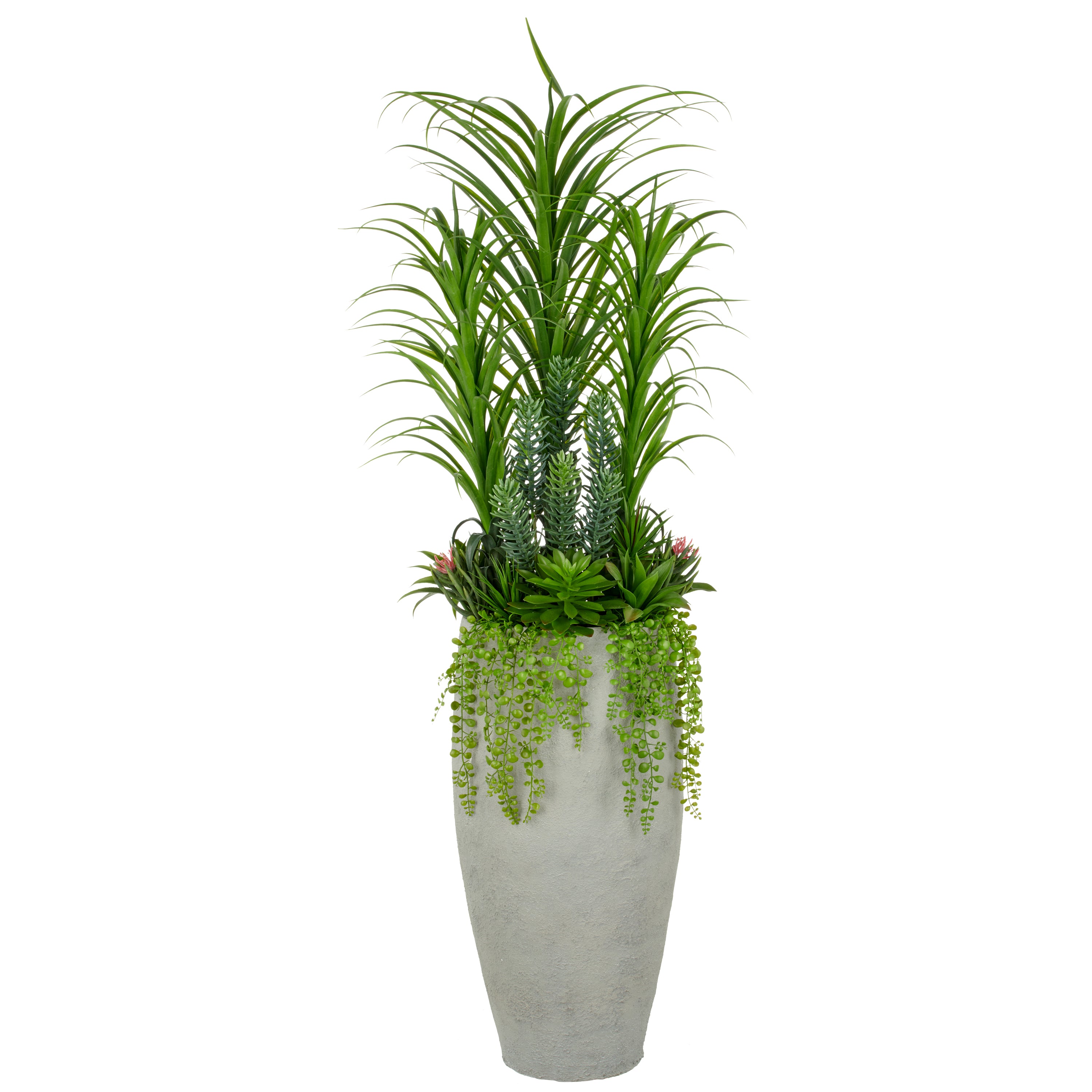 Sukkulentenarrangement, 175cm, gruen, im grauen Fiberclay-Topf 45x80cm mit Kies, UV-bestaendig