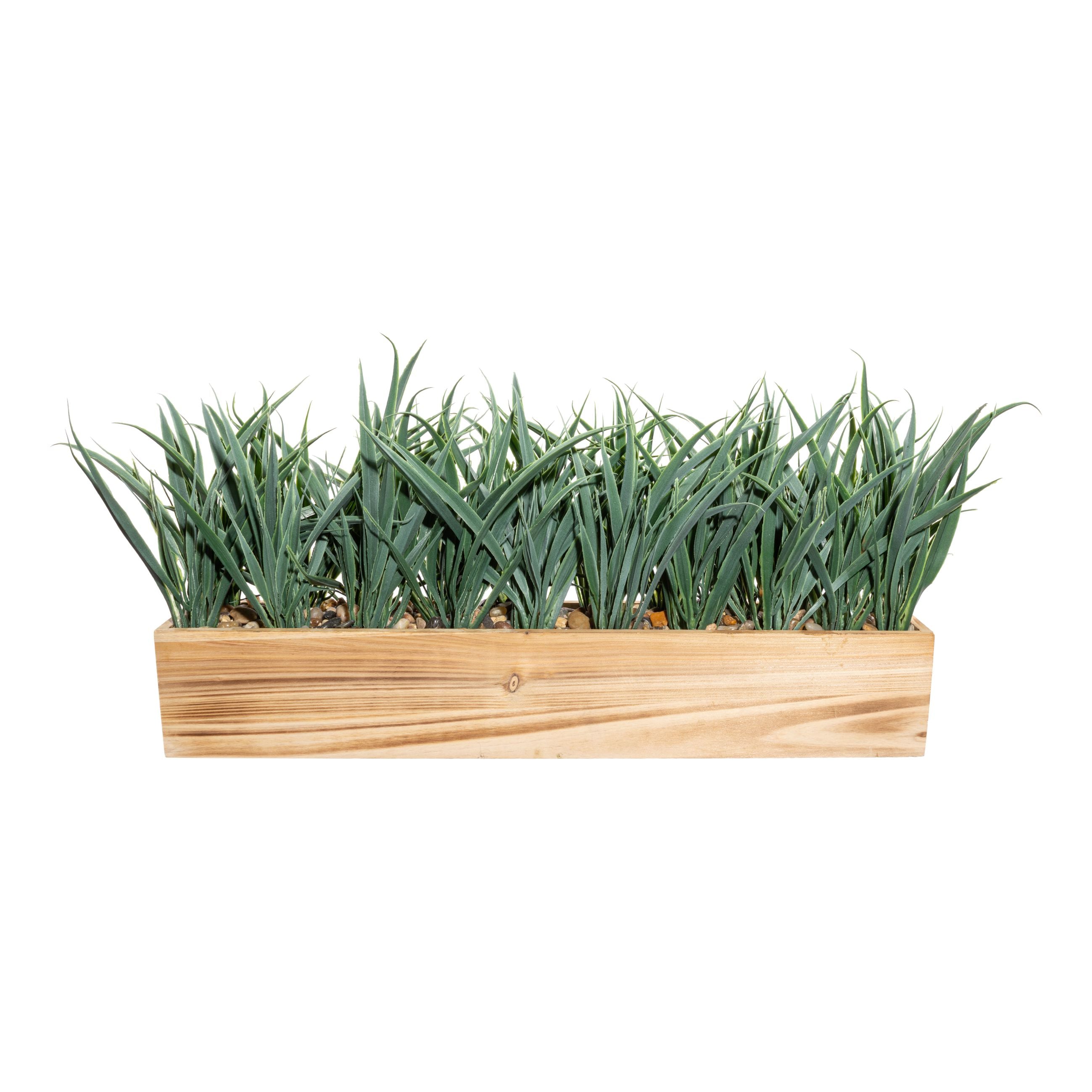 Gras Kunststoff,ca 23cm gruen im Holzkasten 52x10x9cm natur mit Kies